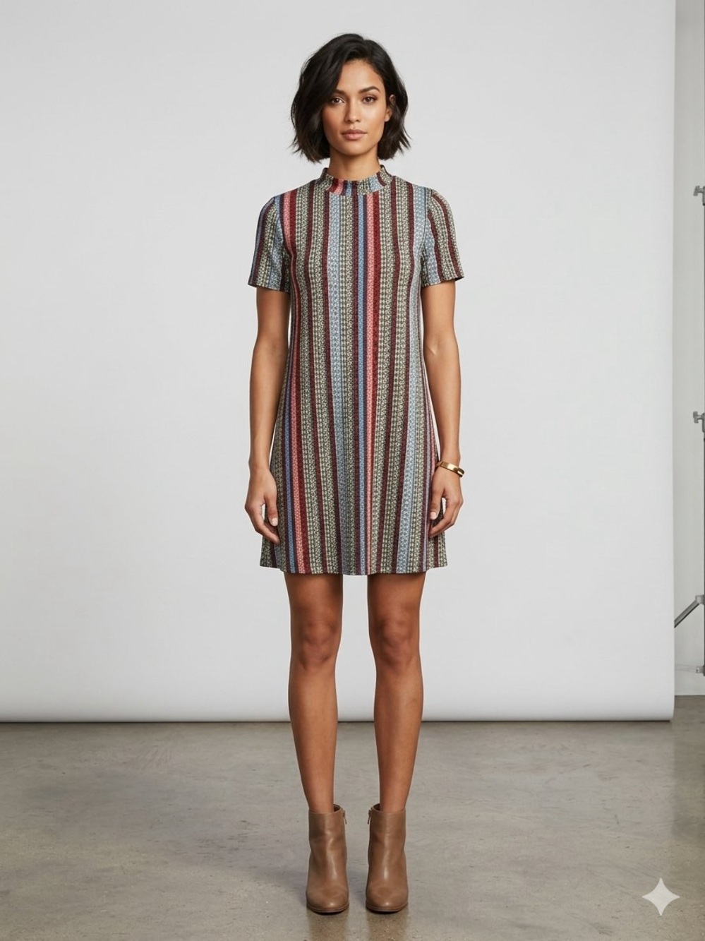 BCBGeneration Vertical Striped Mock-Neck Mini Dress in Burgundy, Blue & Cream